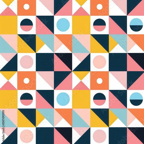 A colorful geometric pattern showcases triangles, circles, and squares in a playful arrangement ideal for modern decor projects. Generative AI