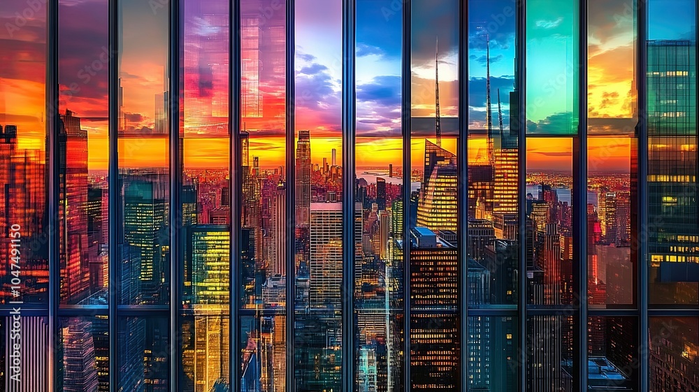 Urban Spectrum: A vibrant cityscape reflected in a glass facade, capturing the dynamic energy of a modern metropolis during a colorful sunset. Urban Spectrum: A vibrant cityscape reflected in a glass facade, capturing the dynamic energy of a modern metropolis during a colorful sunset.