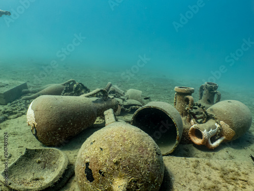 Roman amphora's as a part of an artificial reef in the Adriatic Sea. Beautiful turquoise water in the Adriatic, Croatia photo