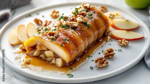 Caramel apple and walnut strudel, placed on a white marble plate, garnished with apple slices, chopped walnuts, and a drizzle of caramel sauce