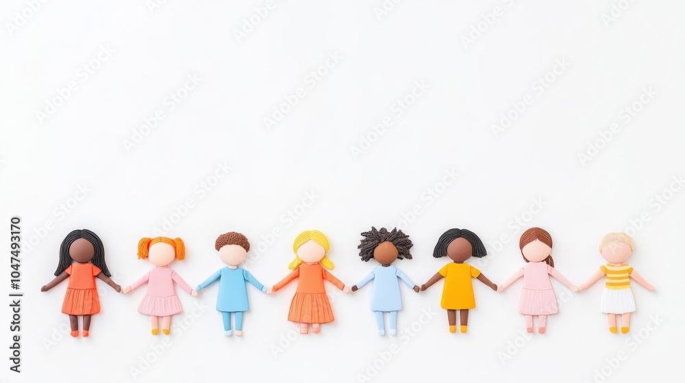 Colorful figurines representing diversity and friendship, holding hands in unity against a minimalist white backdrop. Colorful figurines representing diversity and friendship, holding hands in unity against a minimalist white backdrop.