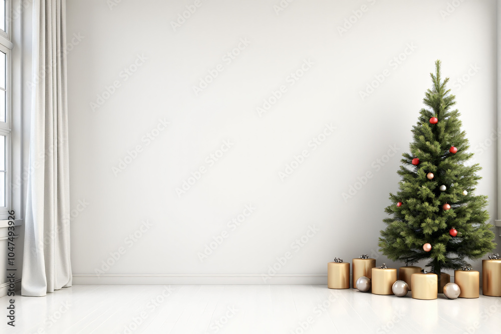 decorated christmas scene rendered festive holiday design empty white interior background decorated christmas scene rendered festive holiday design empty white interior background