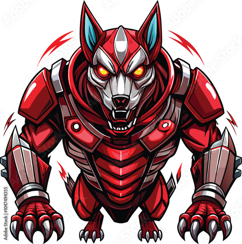 Red Armored Wolf, Ferocious, Cybernetic, Glowing Eyes