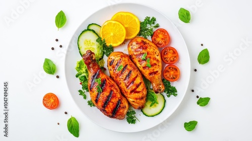 Delicious grilled chicken served with fresh vegetables and citrus slices on a white plate for a healthy meal. photo