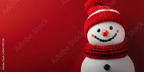 Banner with snowman with knitted hat and scarf on red background with copy space photo