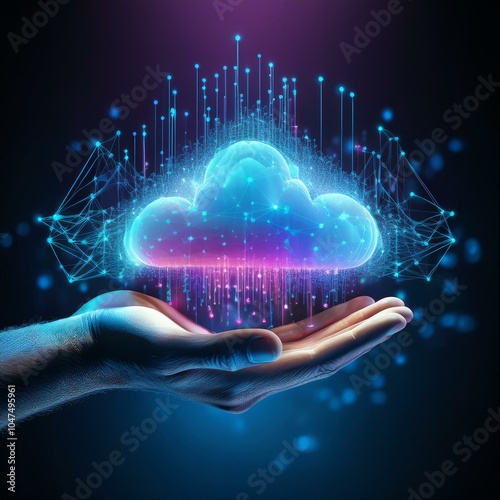 A digital realm unfolds within the grasp of human hand, as a luminous cloud symbolizes the boundless potential and transformative power of cloud computing, reshaping the landscape of technology. photo