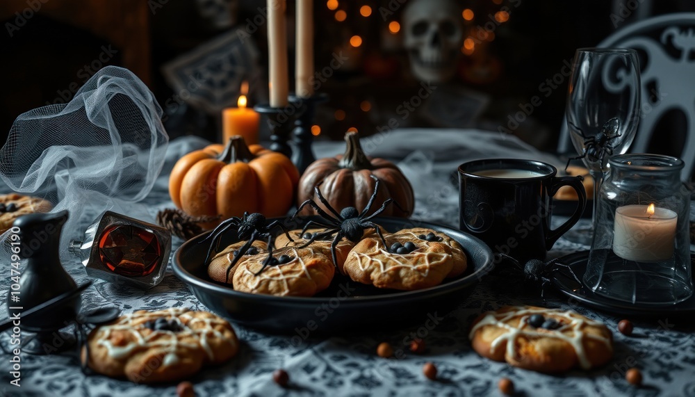 Fototapeta premium Spooky halloween cookies with pumpkin decor