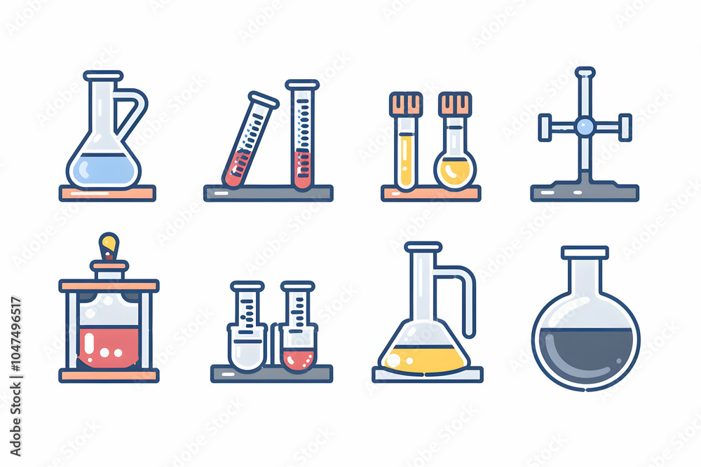 A set of eight colorful cartoon illustrations depicting various laboratory glassware, including beakers, flasks, test tubes, and a retort stand. A set of eight colorful cartoon illustrations depicting various laboratory glassware, including beakers, flasks, test tubes, and a retort stand.