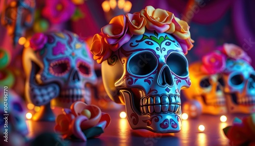 Colorful sugar skulls celebrating día de los muertos