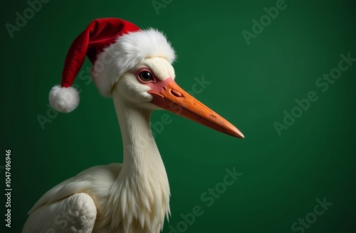 New Year stork Portrait in Santa Claus Hat on Green Background, Christmas Card with Place for text