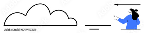 Cloud with outline on left and person in blue shirt pointing to right with arrow above. Ideal for navigation, weather, direction, technology, communication. Simple clean style