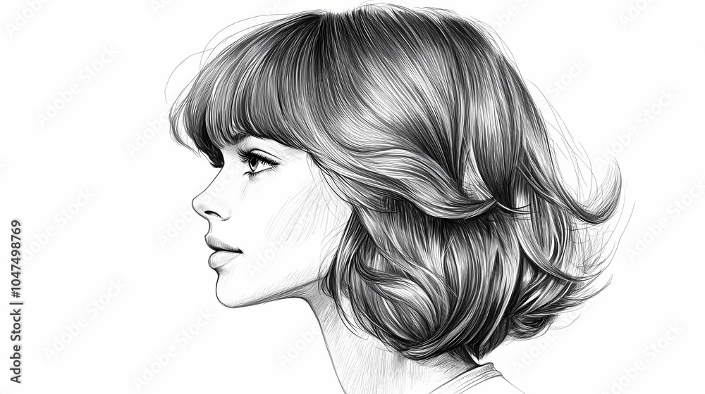 Side-swept bangs, classic style, detailed pencil sketch, grayscale, isolated on white background. Pencil Sketch. Illustration Side-swept bangs, classic style, detailed pencil sketch, grayscale, isolated on white background. Pencil Sketch. Illustration