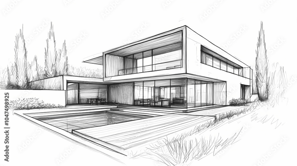 Sketch drawing of a modern stylish house. Pencil Sketch. Illustration Sketch drawing of a modern stylish house. Pencil Sketch. Illustration