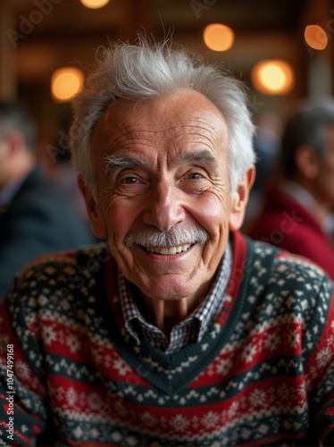 An elderly man wearing a festive sweater enjoys a cheerful gathering at a cozy cafe during the winter season, smiling warmly at the group