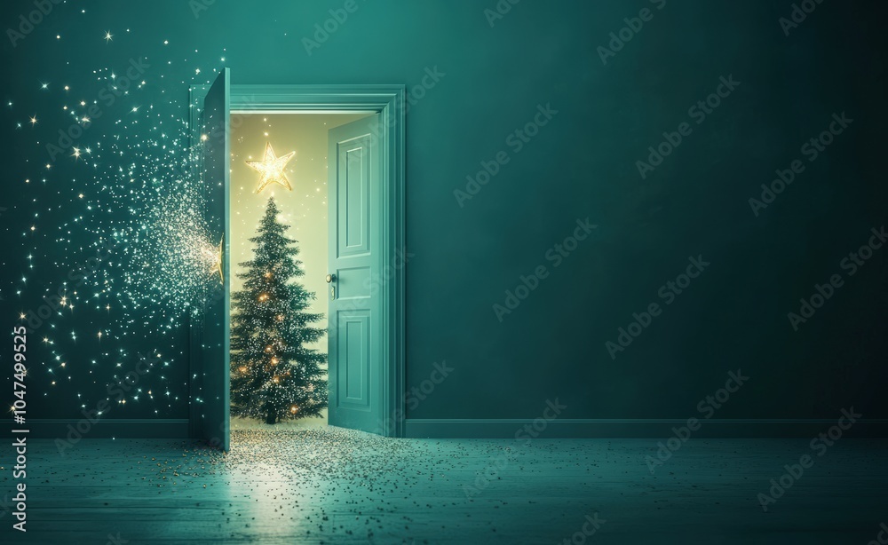 Light green background, door open with a Christmas tree and star emerging from it, sparkles flying around. A door is open, and a Christmas tree emits magical sparkles from within. Sparkling details Light green background, door open with a Christmas tree and star emerging from it, sparkles flying around. A door is open, and a Christmas tree emits magical sparkles from within. Sparkling details