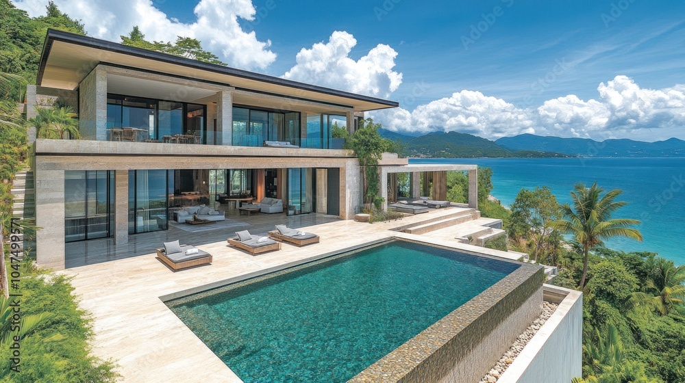 Fototapeta premium Modern villa with infinity pool overlooking the ocean.