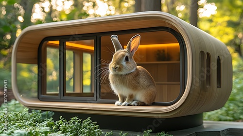 A brown rabbit sits inside a modern, wooden, oval-shaped hut with a glass window and a shelf inside. The hut is in a grassy area with green plants surrounding it. photo