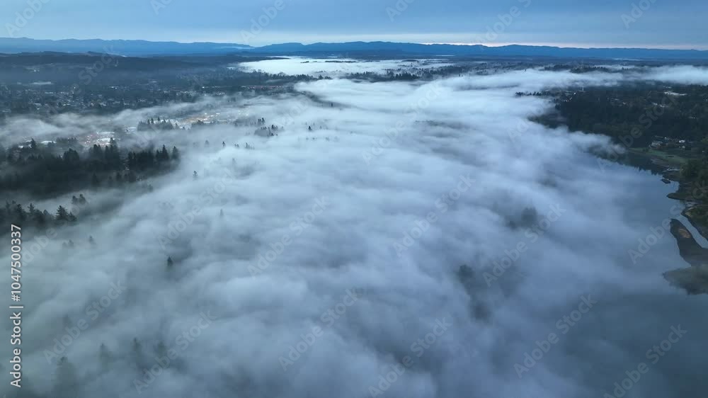 Early morning fog drifts above the Willamette River in Oregon. This scenic, forested area lies just south of the Pacific Northwest city of Portland.