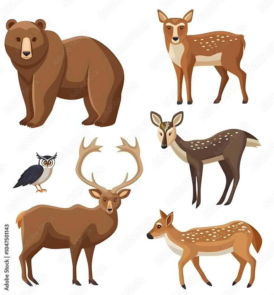 A set of five cartoon animals including a bear, deer, and owl isolated on a white background.