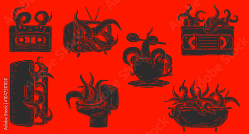 Monochrome creative art composition with tentacles giant octopus or fantasy kraken for tattoo, print in hand draw vintage style. Collection fashion vector illustration.