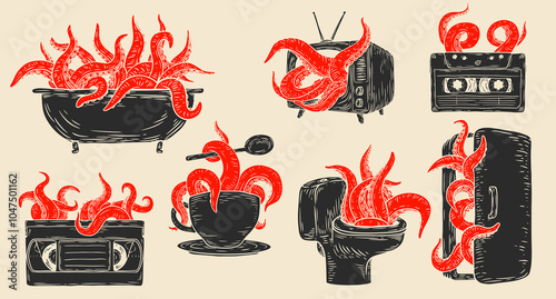 Creative art composition with tentacles giant octopus or fantasy kraken for tattoo, print in hand draw vintage style. Collection fashion vector illustration.
