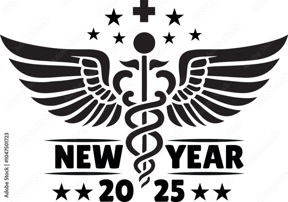 Fototapeta premium Happy New Year 2025 Medical Logo with Wings silhouette vector design