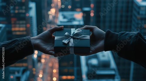 Hands exchanging a minimalist black gift box with silver ribbon against a blurred cyberpunk cityscape. High-quality photography with sharp focus and soft lighting.