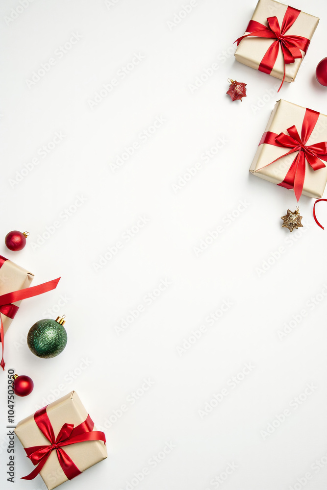 white background wrapped gifts christmas decorations ribbons festive look