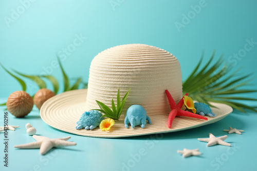 whimsical hat decor features oceanic elements serene summer setting tropical items soothing blue background photo