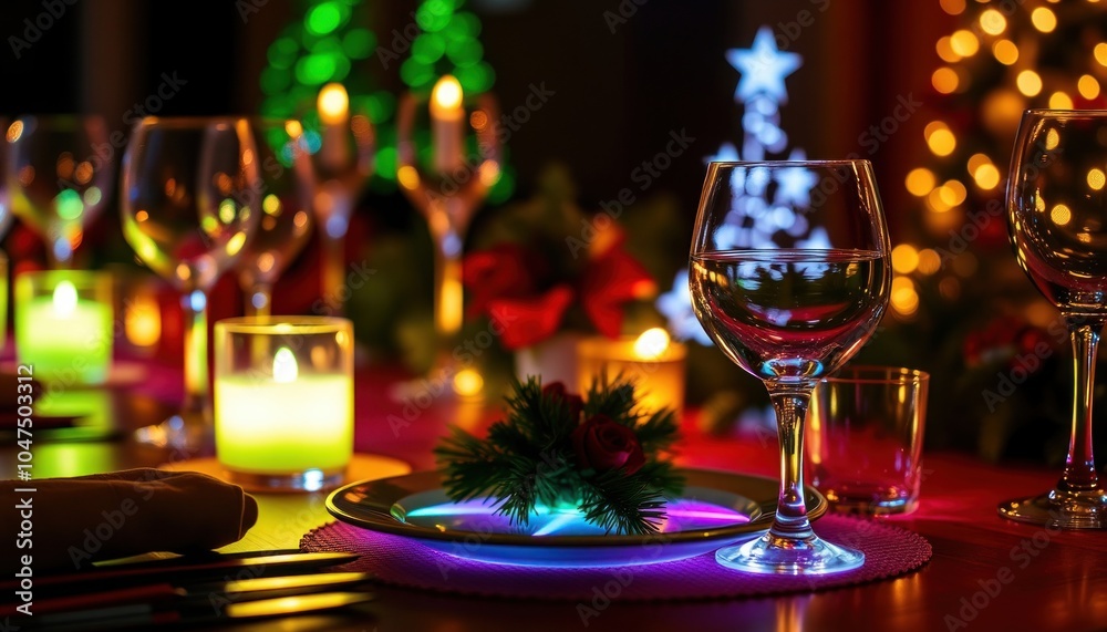 Festive table setting with glassware and candles Festive table setting with glassware and candles