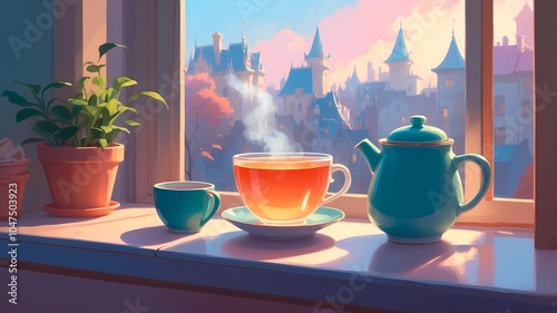 Cozy Tea Setting with City View Through Window at Sunset
