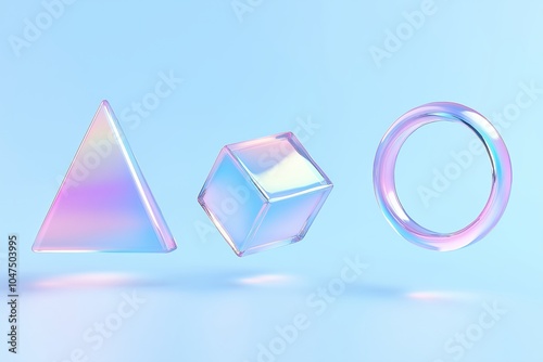 A glowing iridescent triangle cube ring floating on a light blue background with smooth reflections