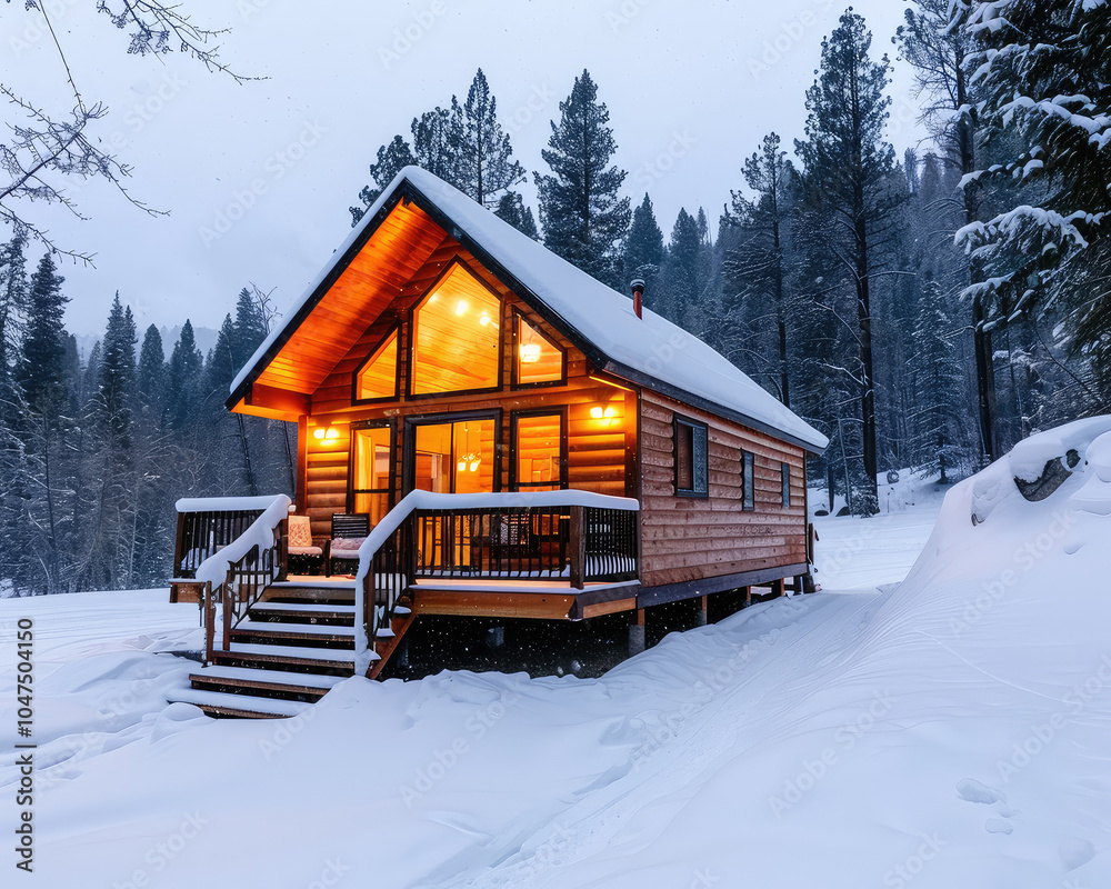 Cozy cabin in mountains surrounded by snow, with warm lights glowing from windows, creating serene winter atmosphere. Perfect for peaceful retreat Cozy cabin in mountains surrounded by snow, with warm lights glowing from windows, creating serene winter atmosphere. Perfect for peaceful retreat