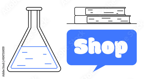 Two books are stacked above a line, and beside them is a speech bubble with the word Shop in it. A laboratory flask with a liquid inside stands out. Ideal for educational content, online bookstores