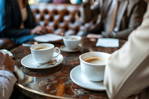 Business negotiations over a coffee table in a sophisticated setting ,A group of individuals gathered around a table, enjoying coffee from their cups in a cozy setting.