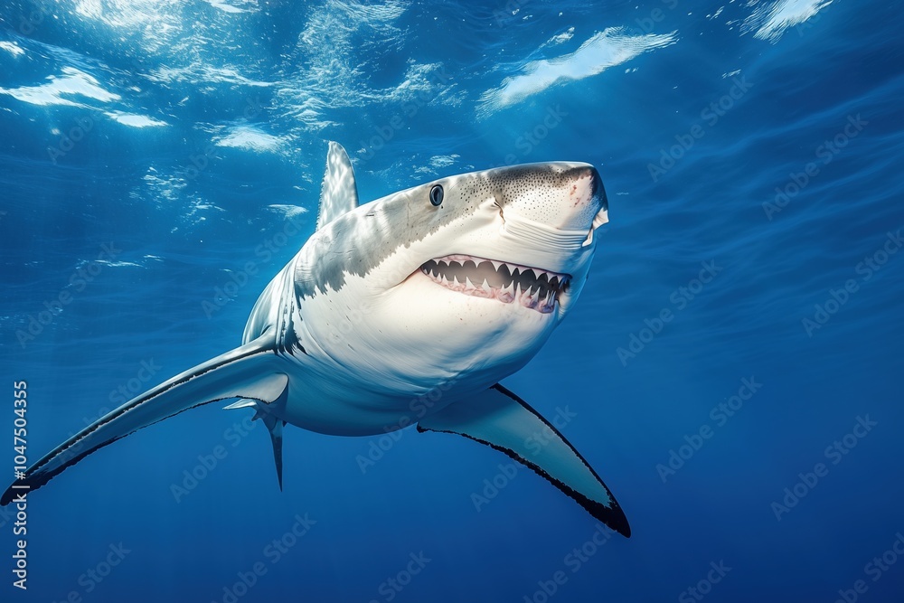 Fototapeta premium A shark is swimming in the ocean with its mouth open