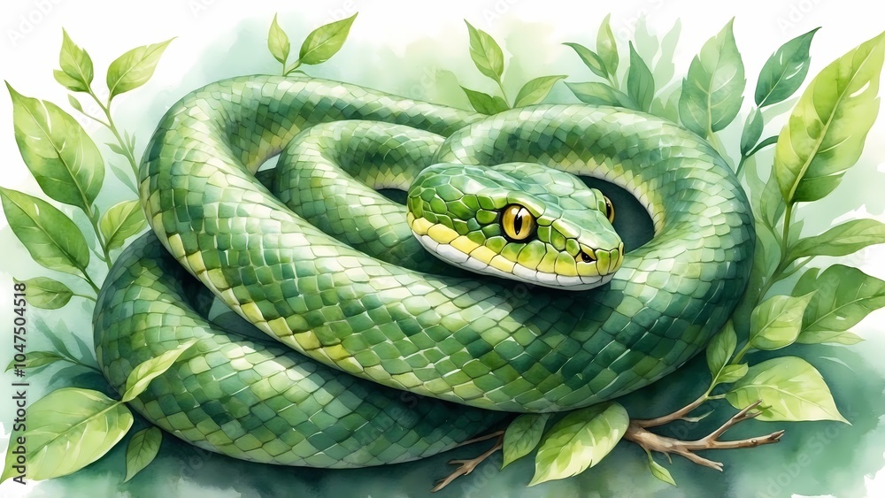 Fototapeta premium Elegant Coiled Green Snake in Detailed Watercolor Rendering