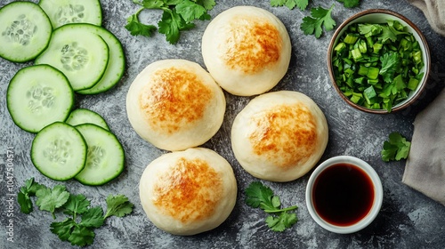 BBQ pork buns (Cha Siu Bao), isolated on a gray stone surface, surrounded by sliced cucumbers, cilantro, and a small bowl of hoisin sauce photo