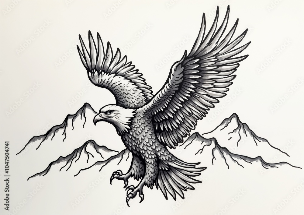Fototapeta premium Black and white tattoo style illustration of eagle soaring over mountains