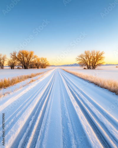 serene winter landscape featuring snow covered road leading through tranquil field, bordered by trees under clear blue sky. golden light of dawn enhances peaceful atmosphere