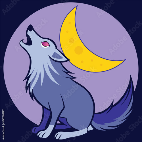 Wolf Howling Under a Full Moon in Mountain Landscape Vector Illustration