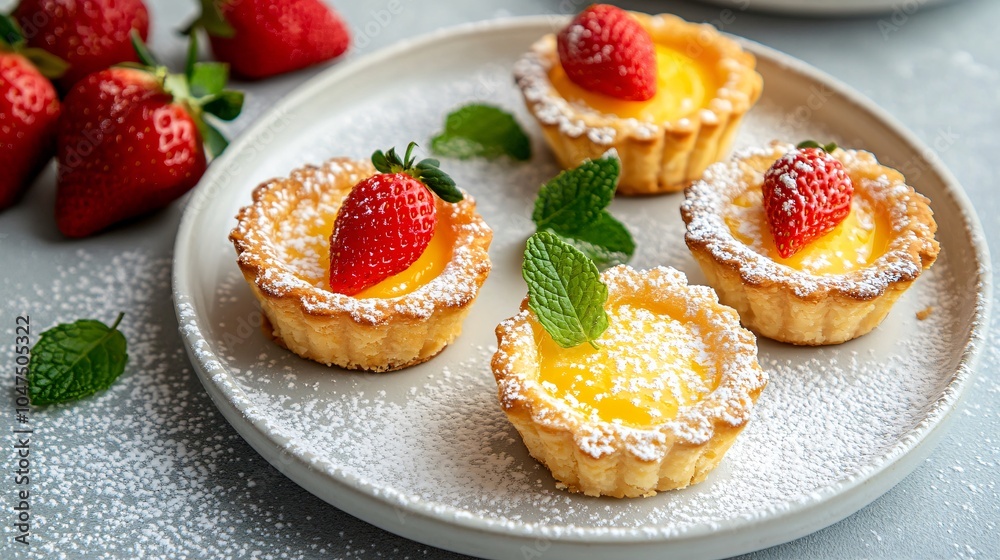 Crispy Chinese egg tarts, placed on a white porcelain plate, garnished with powdered sugar, fresh strawberries, and a sprinkle of mint leaves Crispy Chinese egg tarts, placed on a white porcelain plate, garnished with powdered sugar, fresh strawberries, and a sprinkle of mint leaves