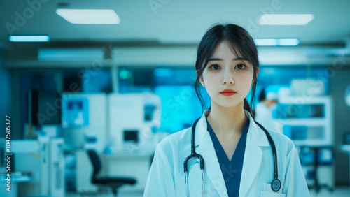 young asian female doctor, hospital in the background, atmosphere of confidence and professionalism