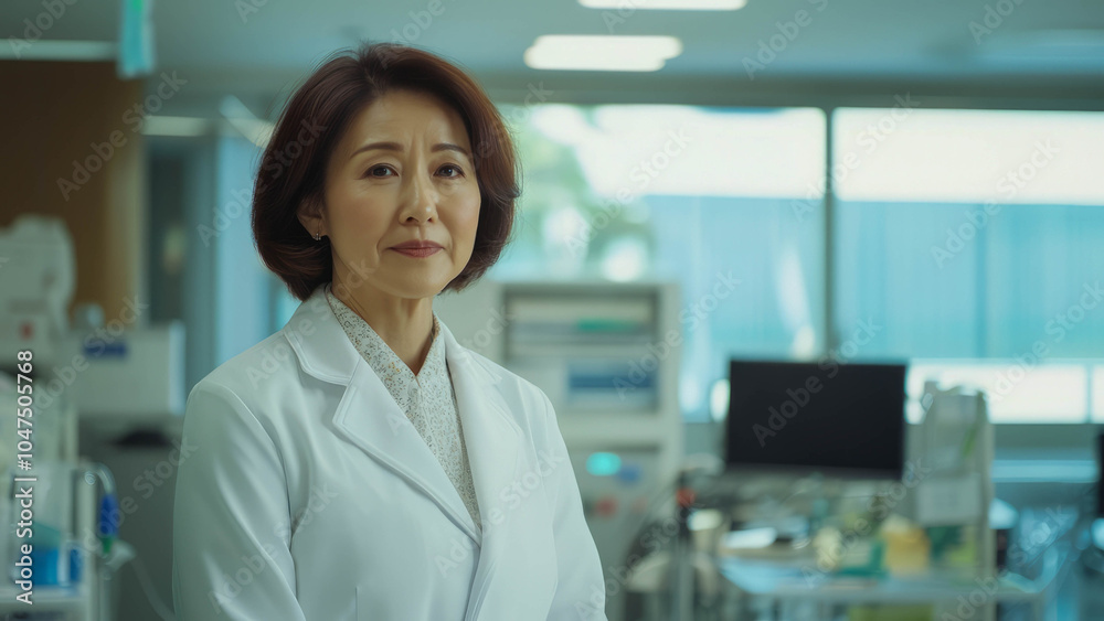 Fototapeta premium middle-aged asian female doctor, hospital in the background, atmosphere of confidence and professionalism