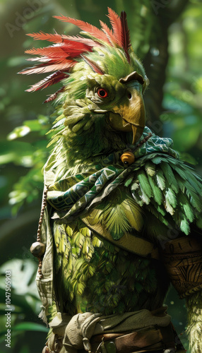 Wallpaper Mural fantastical anthropomorphic bird character with vibrant green and red feathers, wearing intricate armor, stands in lush jungle, nature spirit or guardian with aura of mystery and ancient wisdom Torontodigital.ca