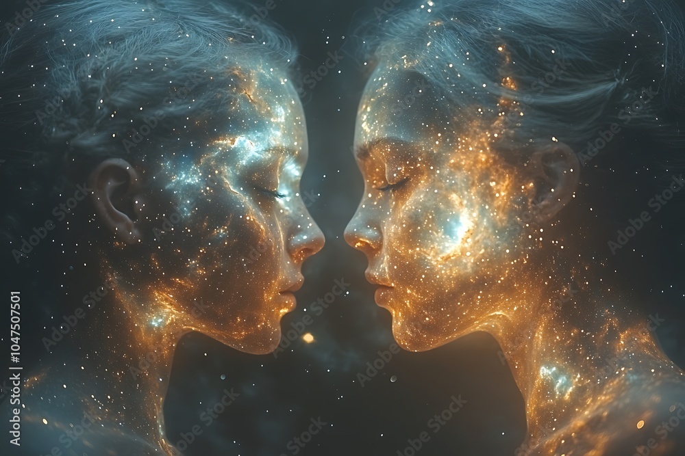 Fototapeta premium Two ethereal women with galaxies on their faces, symbolizing cosmic connection