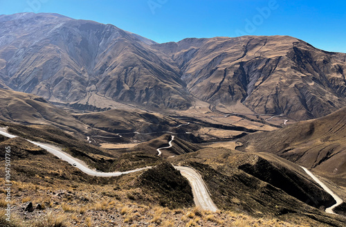 Horizontal photo of mountain landscape with winding roads, Northern Argentina. photo