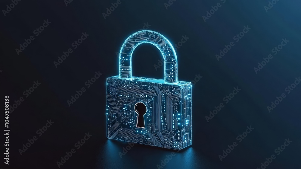 Padlock formed from circuit board elements, glowing in electric blue, highlighting cybersecurity, data encryption, and protection against cyber threats Padlock formed from circuit board elements, glowing in electric blue, highlighting cybersecurity, data encryption, and protection against cyber threats