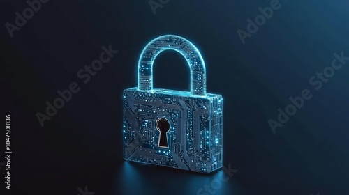 Padlock formed from circuit board elements, glowing in electric blue, highlighting cybersecurity, data encryption, and protection against cyber threats photo