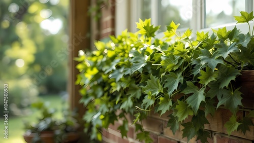 Vibrant Green Ivy Cascading from a Sunlit Window